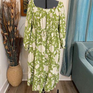 2XL Ava & Viv Green and White Floral Flowy Ruffle Maxi Dress w/ Pockets